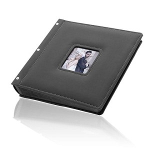 IFE/V50Z - Album na zdjęcia wklejane z czarnej  włoskiej skóry ekologicznej z okienkiem na zdjęcie