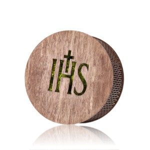 DREWNIANE Pudełko Okrągłe  NA PENDRIVE USB IKNW/CM IHS KOMUNIA