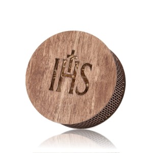 DREWNIANE Pudełko Okrągłe  NA PENDRIVE USB IKNW/CS IHS KOMUNIA