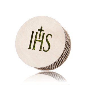 DREWNIANE Pudełko Okrągłe  NA PENDRIVE USB IKNWB/CM IHS KOMUNIA