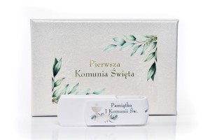 Zestaw Etui + Pendrive komunijny  16-256 GB USB z nadrukiem pamiątka i komunii św. motyw roślinny zgp232