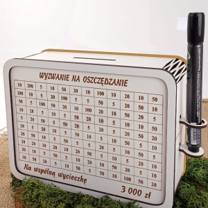 Skarbonka Wykreślana z uchwytem na pisak. Wyzwanie - Prezent Personalizowana Biała